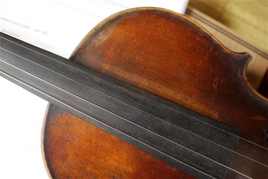 A 19th century violin, with single piece back, stamped Aubert to the bridge, L 365cm (body)